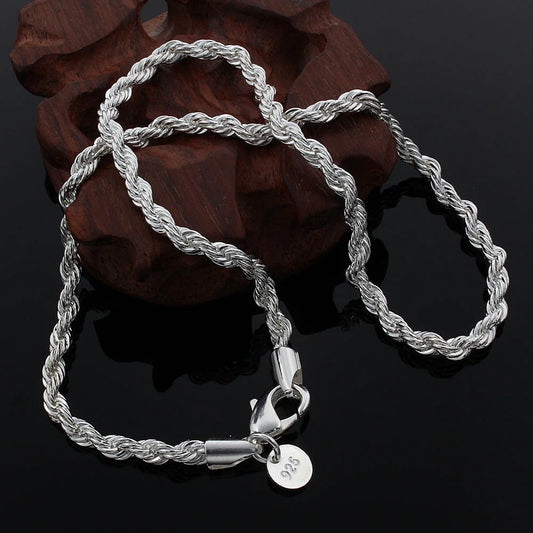 925 Sterling Silver Necklace 4Mm Silver Chain Twisted Rope Unisex
